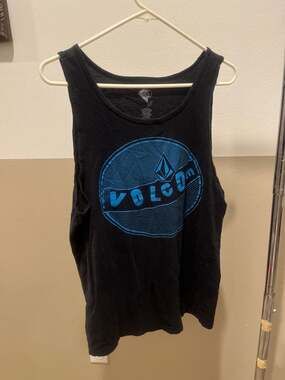 Volcom Men's Black Tank Top Blue Vintage Graphic Logo